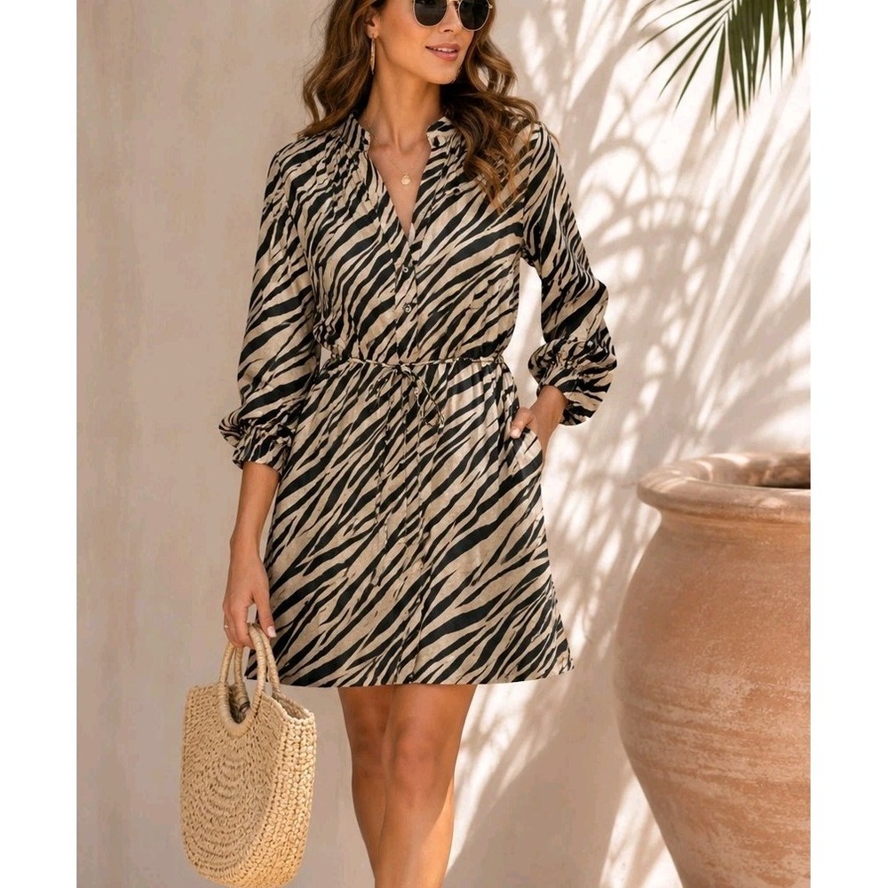 NWT Banana Republic Zebra Ramie Cotton Shirt Dress Petite S $159 Summer